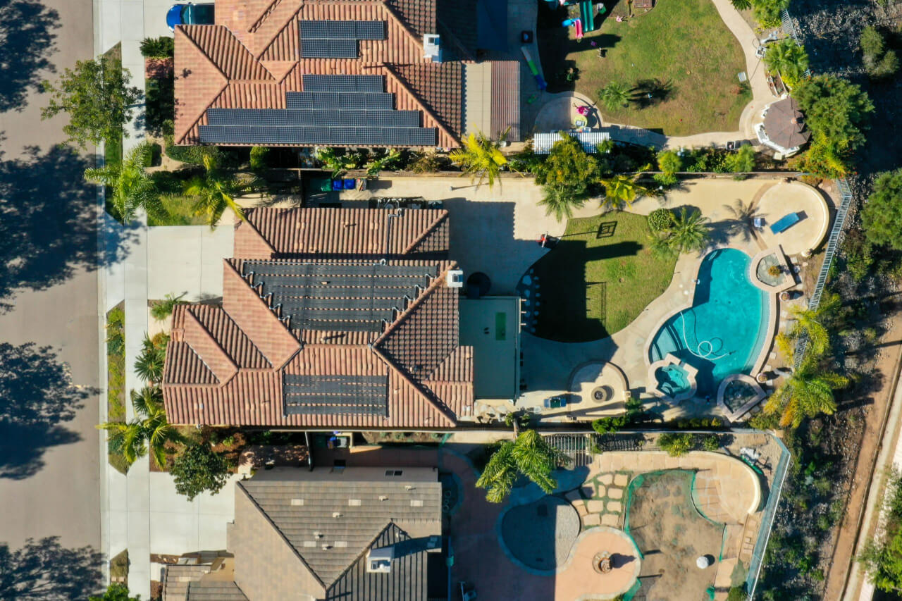 Aerial view of residential properties