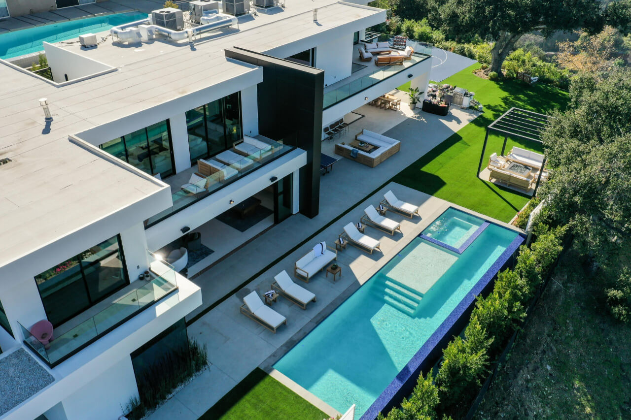 A modern home with pool area